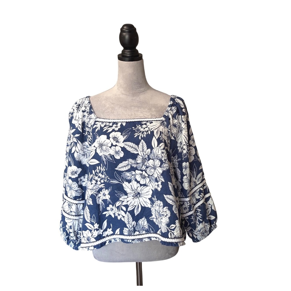 C&C‎ California Women XL Navy Blue Floral 100% Linen Balloon Sleeve Blouse Top